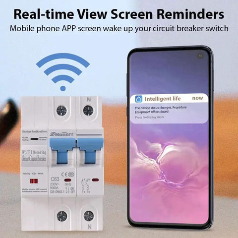 Two Pole WiFi Smart Circuit Breaker for Home Use 100A 220V Energy Monitor Switch with App Remote Control displayed with smartphone app