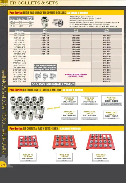 ER collets and sets catalog page showing Pro-Series high accuracy ER spring collets, detailed specifications, and set options.