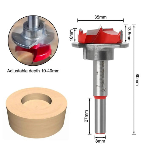 35mm Adjustable Carbide Drill Bit For Hinge Holes, Boring Bit Tipped Drilling Tool, Woodworking Cutter, dimensions and depth shown