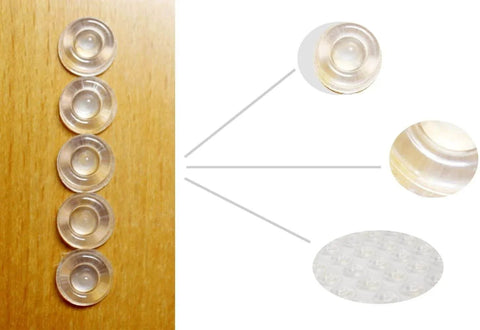 Sound Dampening Door Bumpers Half Inch Dia 5mm Height Soft Durometer Two Stage Impact With Clear Adhesive Sheet Of 100 on wood surface