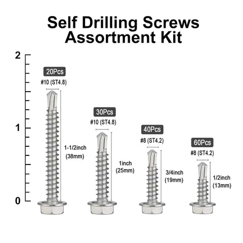 Self-drilling screws assortment kit, 150 pcs, 410 stainless; #8 1/2 in & 3/4 in, #10 1 in & 1-1/2 in