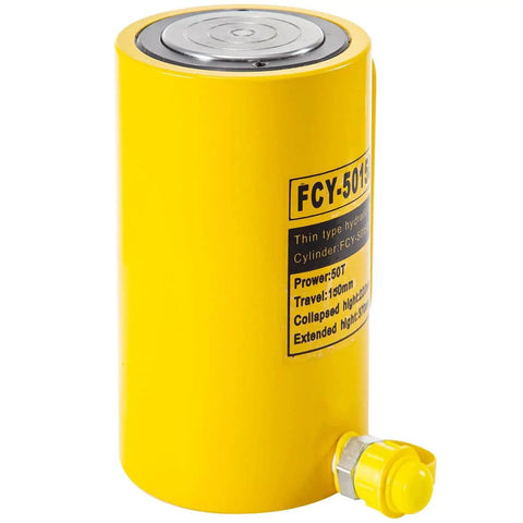 Front view of a yellow 50T Hydraulic Cylinder Jack with 6 inch stroke for bending and lifting on trucks