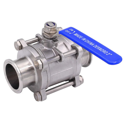 DERNORD 2-inch sanitary ball valve with blue lever handle, stainless steel body, tri-clamp ends.