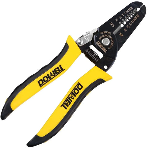 10-22 AWG Wire Stripper Cutter And Multi-Function Hand Tool with yellow and black handle for insulation removal and cutting.