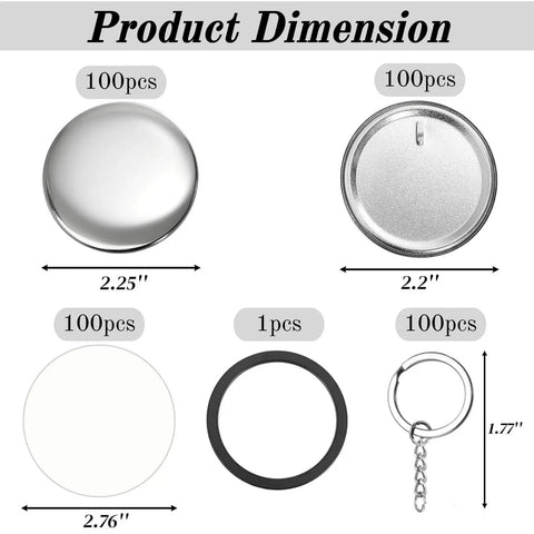 Epic 100 Pack Button Maker Kit For DIY Badges 2.25 Inch Metal Shells Back Covers Transparent Films Keychains And Ring Bundle