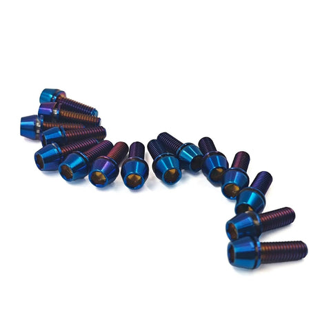Six Piece Pro Grade Titanium Stem Bolt Kit With Blue Tapered Head Washers M5x20mm Allen Hex 4mm 8.5mm Head Diameter 0.8mm Pitch