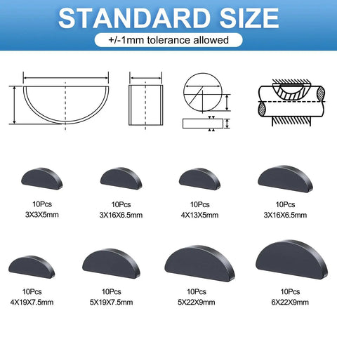 Woodruff Key Set 80 Pieces 9 Sizes Carbon Steel Pro Grade Semicircular Half Moon Keys For Fasteners In Mechanical Industry