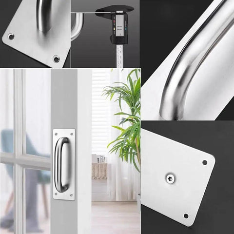 Collage of Two Pack Beefy Stainless Steel Door Pull Handles 8 Inch Heavy Duty Plate shown installed and detailed view