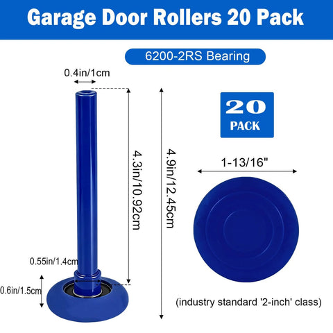 Blue 20 Pack 2 Inch Nylon Garage Door Rollers With 4 Inch Nylon Stem Ultra Quiet Smooth Operation Double Seal 6200 2RS Bearings Noise Reduction Tech Replacement Kit for Easy Install