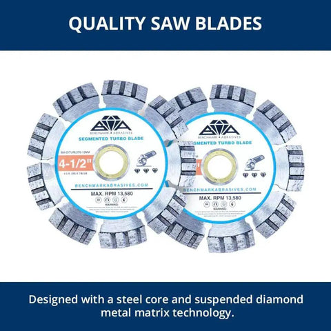 Segmented turbo saw blades with steel core and diamond matrix technology, front view of two discs with labels displayed horizontally.