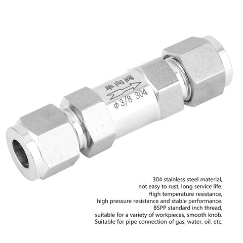 Stainless steel BSPP female-thread check valve, 3/8 inch, 304 stainless, inline with hex nut ends