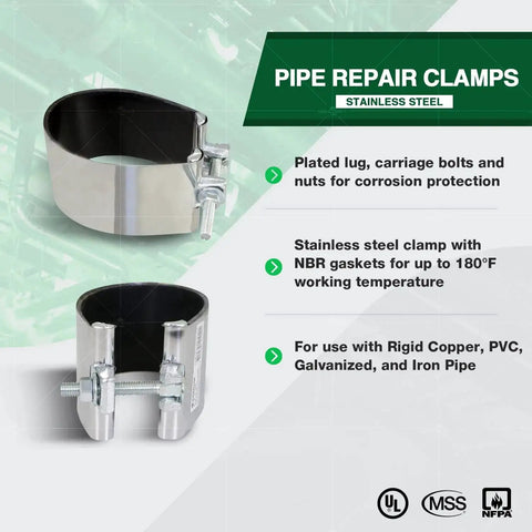 Stainless Steel Pipe Repair Clamp 3 Inch IPS Single Bolt 3 Inch Long For Pinhole Leaks On Copper PVC And Galvanized Water Piping Heavy Duty