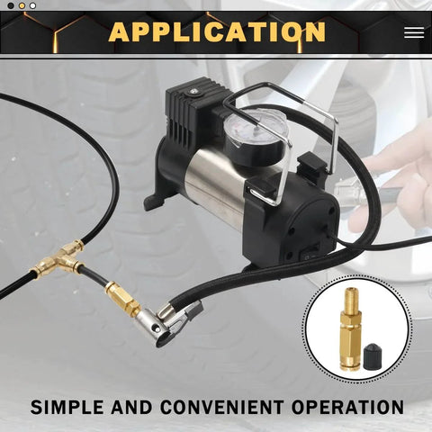 Two Pack Schrader Valve Adapter With Push To Connect Button For One Quarter Inch OD Air Hose Fittings For Semi Trucks And Trailers DOT Certified High Pressure Inflation Valve Up To Two Hundred PSI connected to air compressor