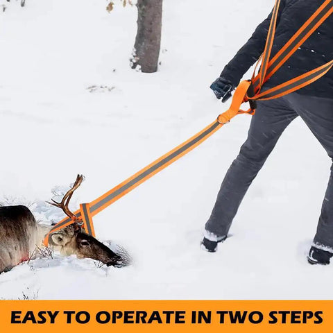 Hunter using Two Pack 60 Inch Deer Drag Rope With 59 Inch Dual Harness Reflective Shoulder Straps And Storage Bag in snow