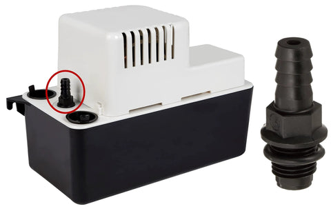 Little Giant CV-10 check valve for condensate pumps, black, 1/4 in MNPT x 3/8 in barbed, shown with pump unit