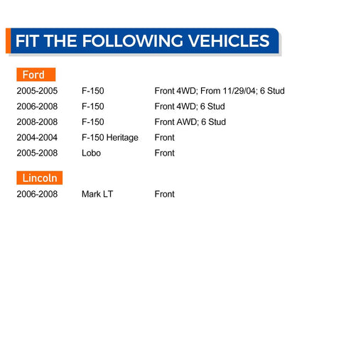 Compatible vehicles list for Front Wheel Hub Bearing Assembly 515079 for 2004 to 2008 Ford F150 4x4 and 2006 to 2008 Lincoln Mark LT.