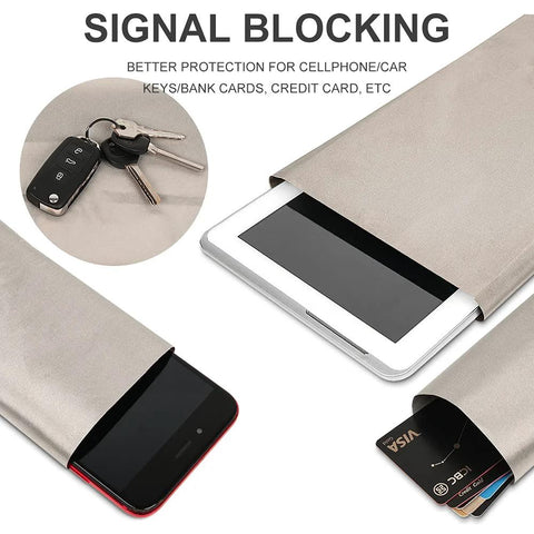 Shielding Faraday Fabric, beige 44in W x 18ft L, wrapped around tablet and phone to block EMI RF RFID signals.