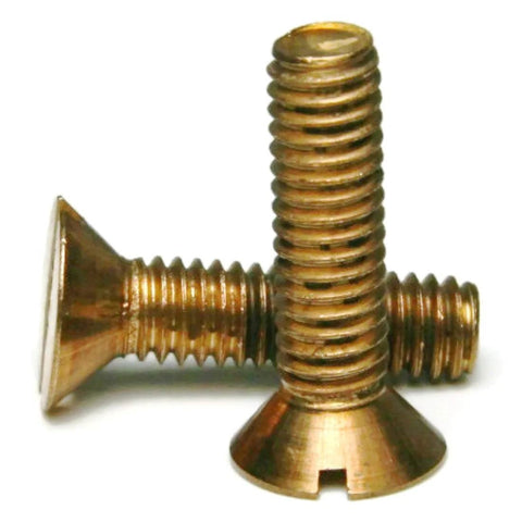 Close-up of Silicon Bronze Slotted Flat Head Machine Screws 1/4-20 X 3-1/2 Inches 100 Pack, featuring slotted flat head.