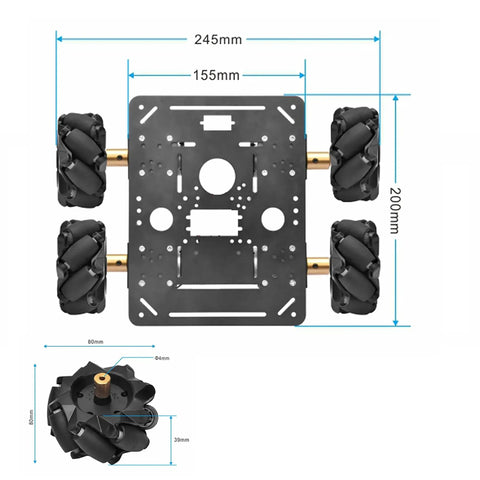 Top view of FlexiRover Robot Car Kit For Raspberry Pi With 520 Motors With Encoders, Mecanum Wheels, showing dimensions.