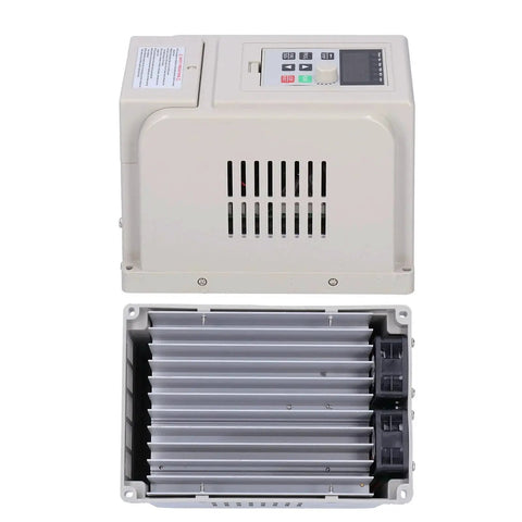 Cream variable frequency drive (VFD) with top-mounted control panel, side vents, and bottom finned heatsink housing.