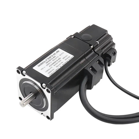 Front view of a black NEMA23 servo motor with protruding shaft, silver mounting face, and attached cables