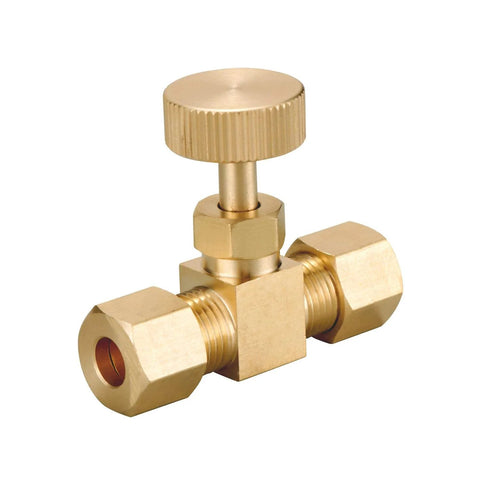 Brass needle valve with dual 1/4 in compression fittings and knurled adjustment knob