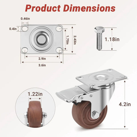 3 Inch Heavy Duty Casters Wheels with Brakes, dimensions, metal plate, screw, nylon wheel, side view, industrial use