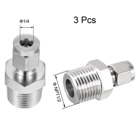 uxcell compression tube fitting, 1/2 NPT male x 1/4 in tube OD, double ferrules, metal, 3 pcs