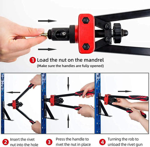 Process of using Ultra Sturdy 14 Inch Rivet Nut Tool Kit With 6 Mandrels And 60 Rivnuts, Hand Riveter Gun For M3 To M10