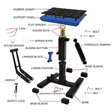 Exploded view of Adjustable 1200 Lb Dirt Bike Stand And Lift With Aluminum Platform showing components and assembly parts.