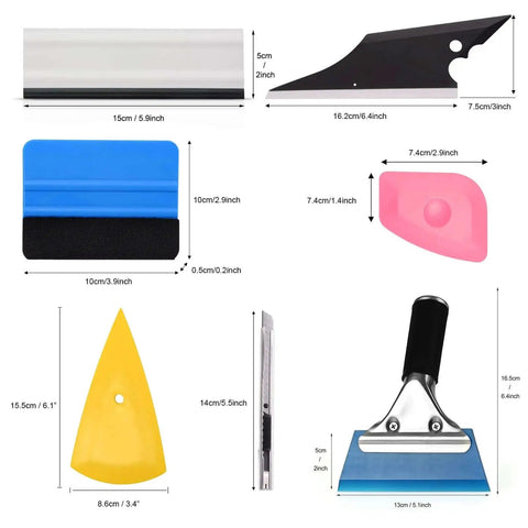 Pro Grade Seven Piece Vinyl Wrap Tool Kit For Window Tinting Car Auto Tinting Tools Set Includes Rubber Squeegees Felt Squeegee Scrapers Contour Tool White Block Squeegee And Cutting Knife For Smooth Film Application displayed with measurements