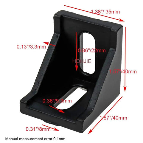 Ten Pack 4040 Inside Corner Bracket Gusset For 4040 Aluminum Extrusion Profile 40x40x35mm With 8mm Slot, black, side view with dimensions.
