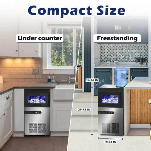 High Efficiency Under Counter Ice Maker, 120 Lbs Per Day, Stainless Steel, dual installation as under counter or freestanding