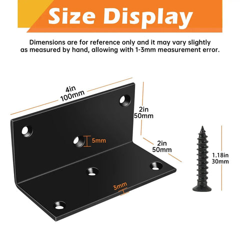 Heavy Duty 4 Pack L Brackets 4 Inch Wide Steel Corner Braces 2x2x4 with screws size display in black for DIY projects