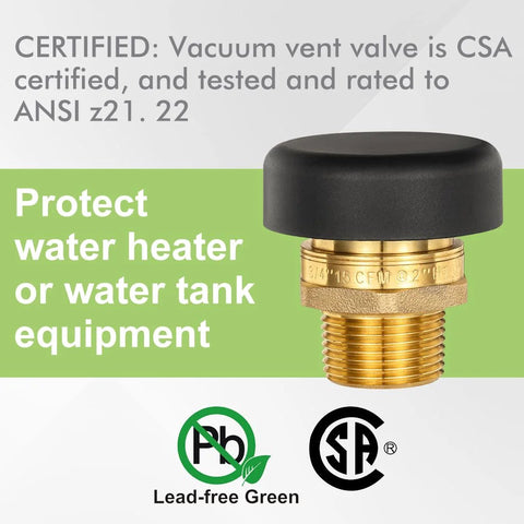ORIANSE vacuum relief valve, 3/4 in brass with black dust cap, for water heater or tank.