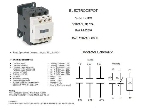 30 Amp 3 Pole Contactor Bundle With 110 To 120V Coil, Handles Motor Load 32A And Lighting 40A, shown with technical specifications