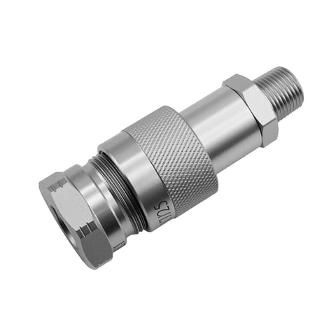 Beefed-Up High Flow 3/8 Inch Hydraulic Quick Coupler Set, 10,000 PSI, Universal Design Replaces Enerpac C-604, close-up of metal body.