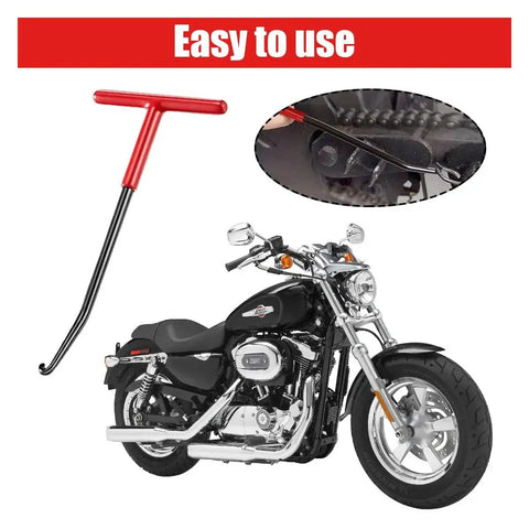 Motorcycle Exhaust Spring Hook T Handle Rubber Coated Puller Tool with close-up of hook usage on motorcycle exhaust system.
