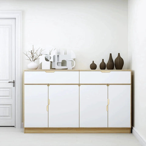 White cabinet with 10 Pack Brushed Gold Edge Finger Cabinet Pulls 3.15 Inch Aluminum Drawer Handles showcasing modern design.