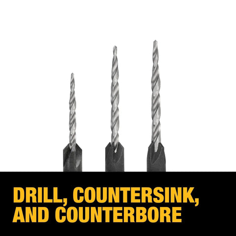 Workhorse Woodworking Countersink Drill Bit Set For A Clean Finish, 3 Piece, Sizes 6, 8, 10, Four Cutter Countersink And Tapered Drill Bits