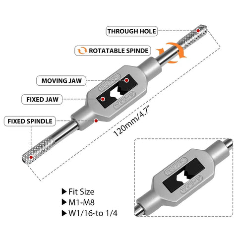 Diagram of adjustable tap wrench from Micro Taps Bit Set 10Pcs Metric Hand Taps M1 To M3 Point Five High Speed Steel HSS Plug Tap Drill Tap Set.