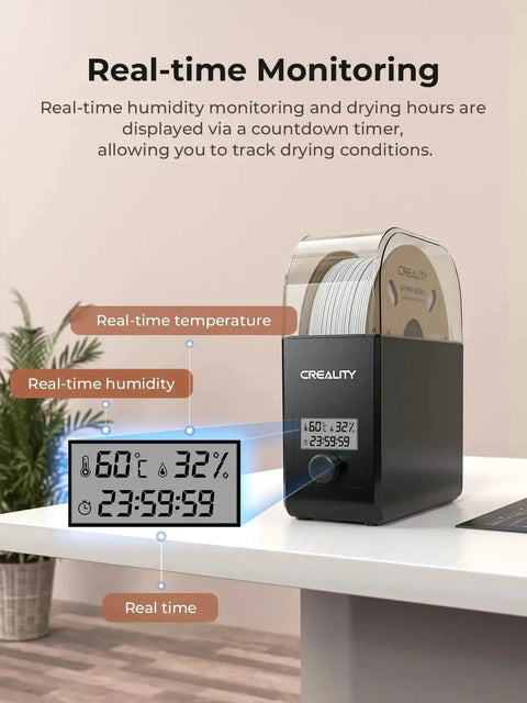 Filament Dryer Box Pro with 360 Degree Heating and Fan showing real-time humidity and temperature monitoring on a desk.