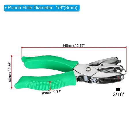 Green Square Hole Punch 0.2 Inch Handy Handheld Paper Puncher with Ergonomic Grip, metal body and green silicone handle, front view