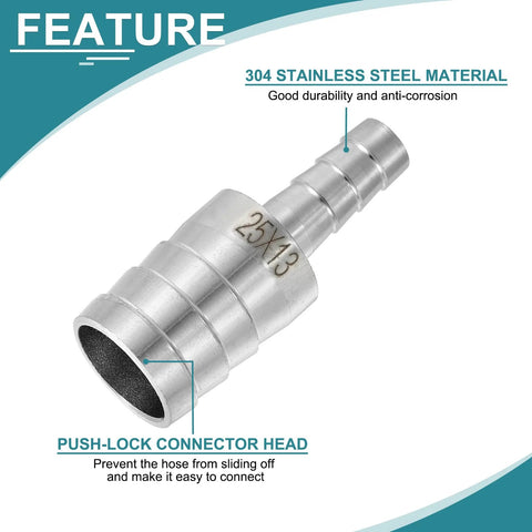 Hose barb reducer, 1 to 1/2 in, 304 stainless steel, silver sanitary adapter.