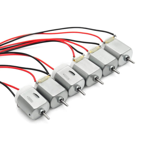 Compact 130 DC Motor Set For Arduino Projects 1.5V To 6V Case Pack Of 6 By Gikfun with 6-inch wire leads visible.