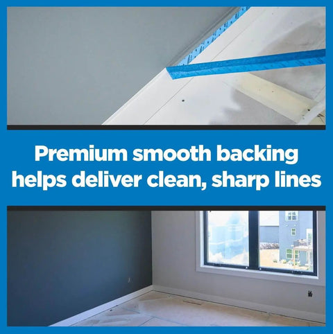 PROSharp Painter's Tape 1 in x 60 yd (0.94 in wide), 1 Roll Blue applied on ceiling for clean, sharp paint lines, medium adhesive use