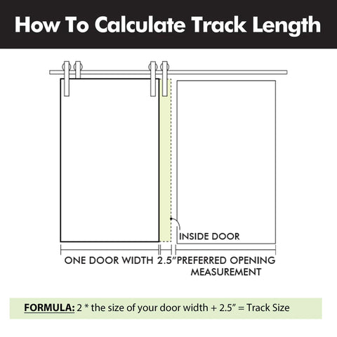 Illustration of track length calculation for Rustic Black Single Track Bypass Sliding Barn Door Hardware Kit For Double Doors.