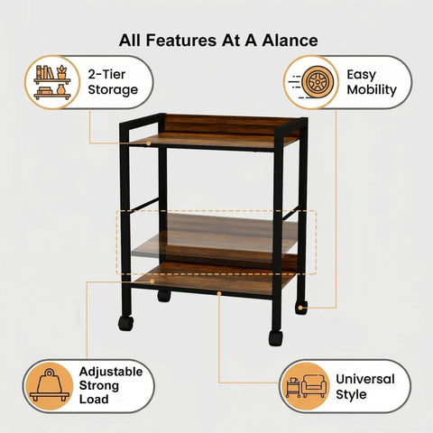 Two Tier Rolling Utility Cart With Brown Wood Shelves And Black Metal Frame On Wheels, Features at a Glance