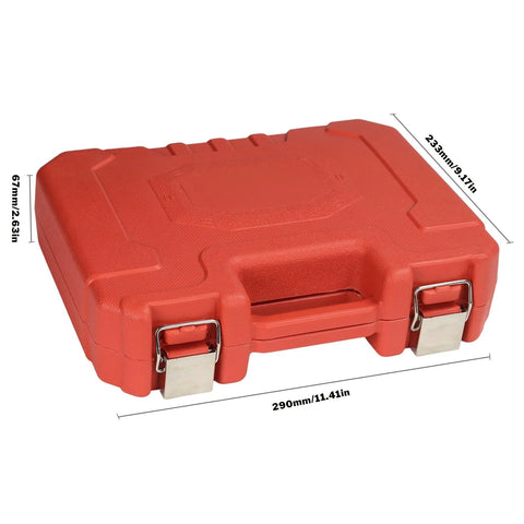 Red hard plastic carrying case for Master Engine and Transmission Oil Pressure Test Set by Amazon, with two silver latches