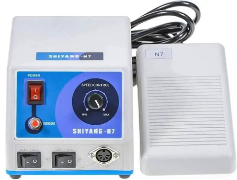 Pro Grade Micro Motor Polisher N7 S04 with speed control dial and foot pedal for lab use, quick change burs system photographed.